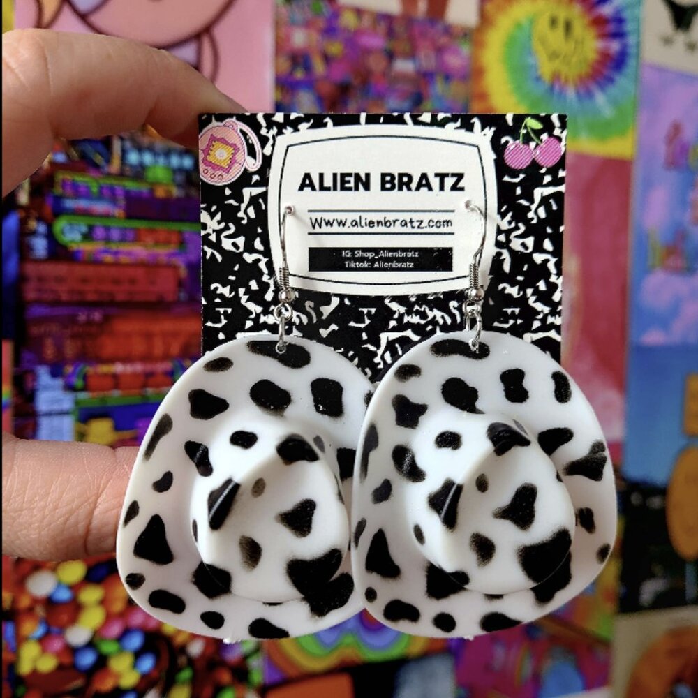 Ride in Style Cowboy Hat Earrings - Cow Print